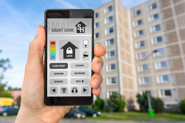 istock Smart home control app on smartphone - smart home concept 873814786