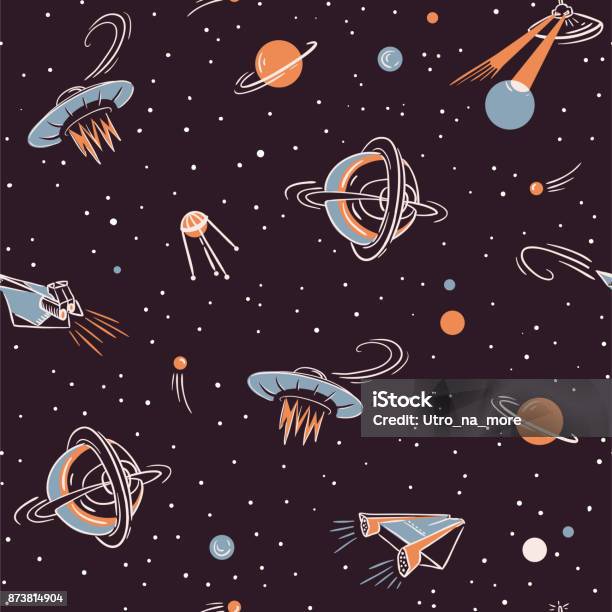 Space Vector Seamless Pattern Space Fabric Design With Rockets Planets Stars And Satellites Stock Illustration - Download Image Now