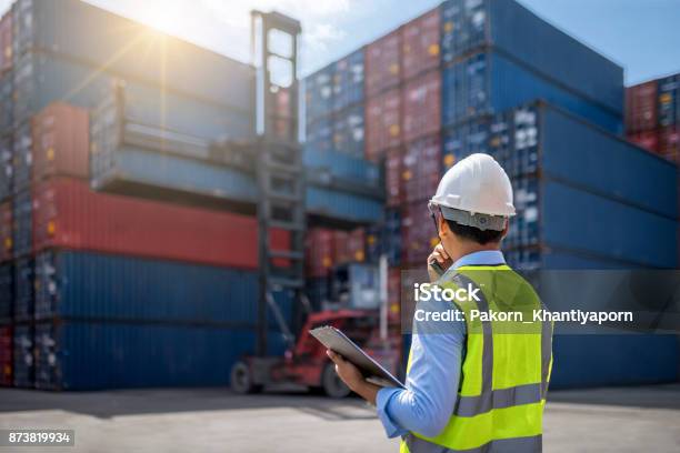 Foreman Control Loading Containers Box Stock Photo - Download Image Now - Customs, Shipping, Ship