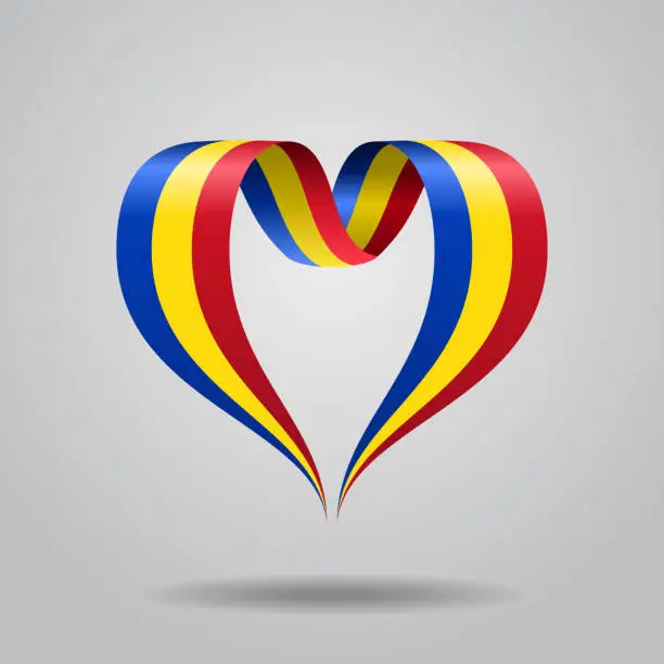 Vector illustration of Romanian flag heart-shaped ribbon. Vector illustration.