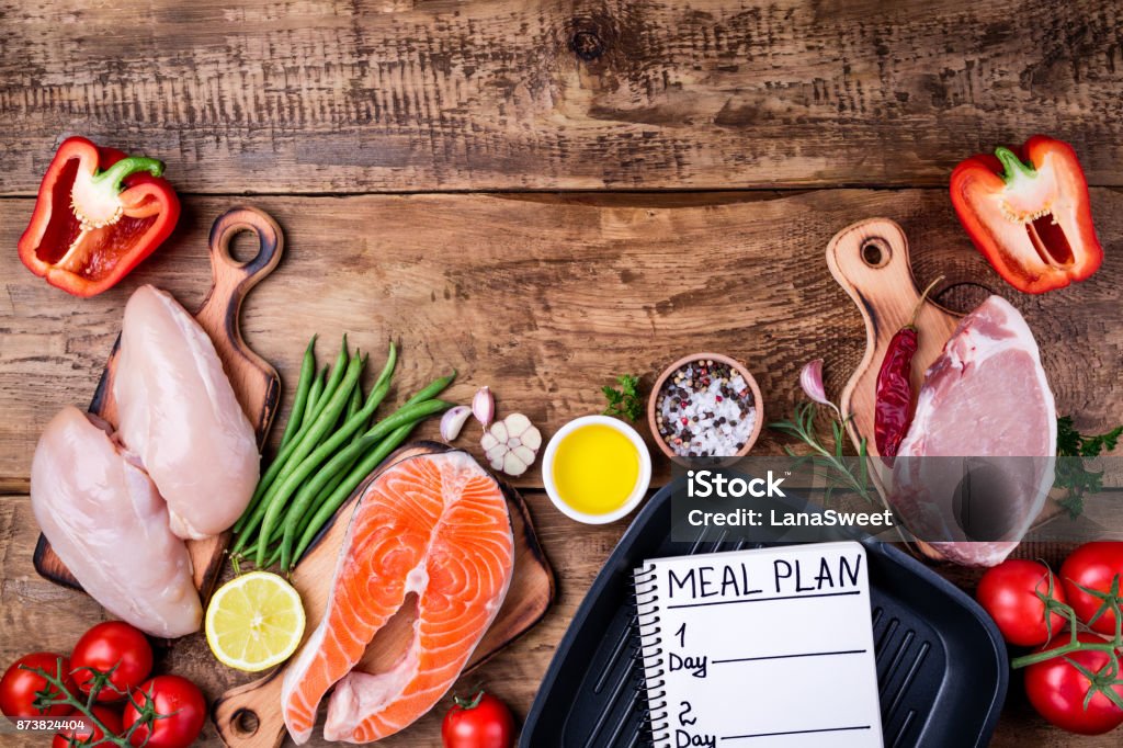 Healthy food background. Meat, fish, vegetables, olive oil, spices, pan for grill. Ingredients for cooking Healthy food background. Meat, fish, vegetables, olive oil, spices, pan for grill. Ingredients for cooking. Top view Meal Stock Photo
