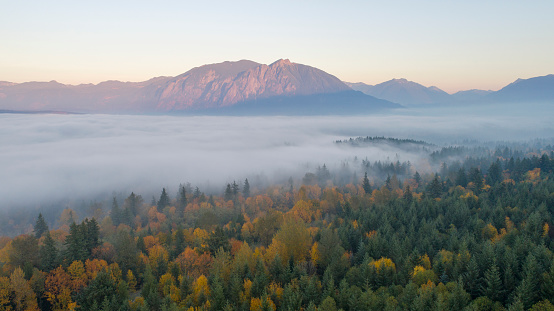 Snoqualmie Valley, Washington Autumn Pacific Northwest Forest Landscape Foggy Cloud Cover Mount Si