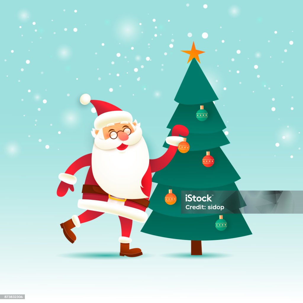 Santa Claus aankleedt in de kerstboom. Vrolijke Kerstmis en gelukkig Nieuwjaar. Poster. Platte ontwerp vectorillustratie. - Royalty-free Kerstmis vectorkunst
