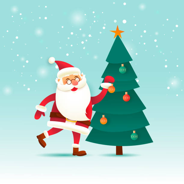 stockillustraties, clipart, cartoons en iconen met santa claus aankleedt in de kerstboom. vrolijke kerstmis en gelukkig nieuwjaar. poster. platte ontwerp vectorillustratie. - xmas tree