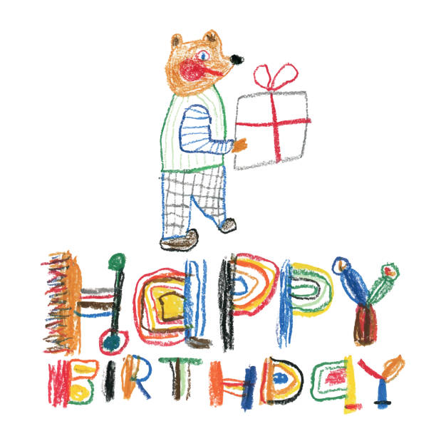 Hand drawn happy birthday message with teddy bear and a gift Creative crayon drawing. Happy birthday message with teddy bear and a gift r i p stock illustrations