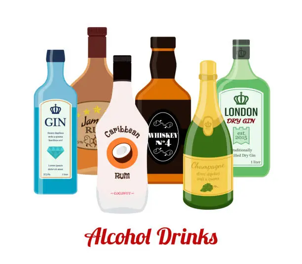 Vector illustration of Alcohol drinks - gin, rum, whiskey, champagne. Cartoon flat style. Vector
