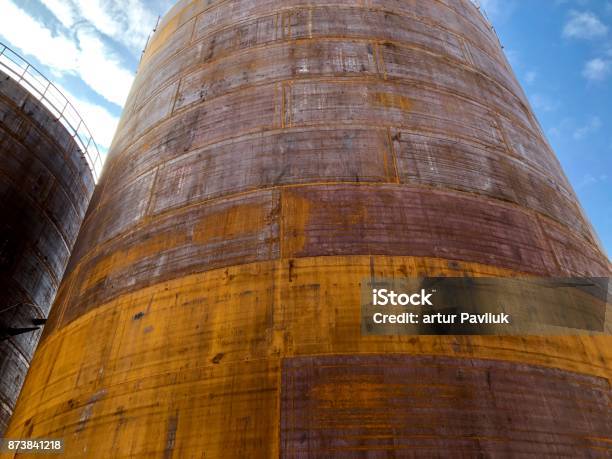 Large Cisterns For Grain Storage Industry Stock Photo - Download Image Now - Above, Factory, Horizontal