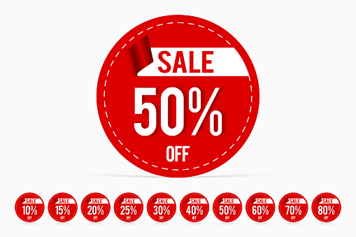 Price tag promotion sale template discount label set 50% off; 10% off; 15% off; 25% off; 30% off; 40% off; 60% off; 70% off; 80% off.