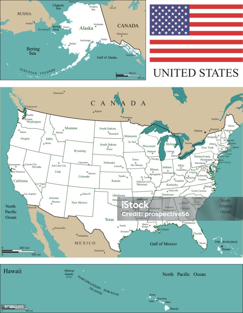 USA map scale. USA map with states and capitals and major cities names and geographical locations, scales of miles and kilometers, and the United States flag vector outline illustration Every state is a seperate object that has a complete boundary that you can edit it. The map and scales are accurately prepared by a map expert. Map stock vector