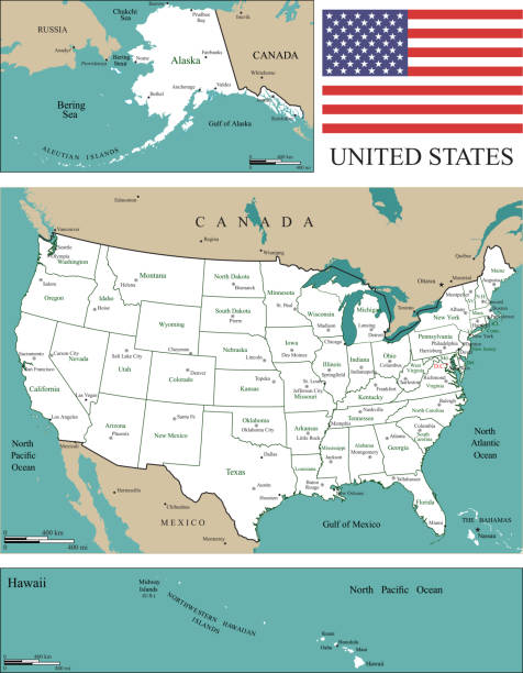 USA map scale. USA map with states and capitals and major cities names and geographical locations, scales of miles and kilometers, and the United States flag vector outline illustration Every state is a seperate object that has a complete boundary that you can edit it. The map and scales are accurately prepared by a map expert. arkansas kansas stock illustrations