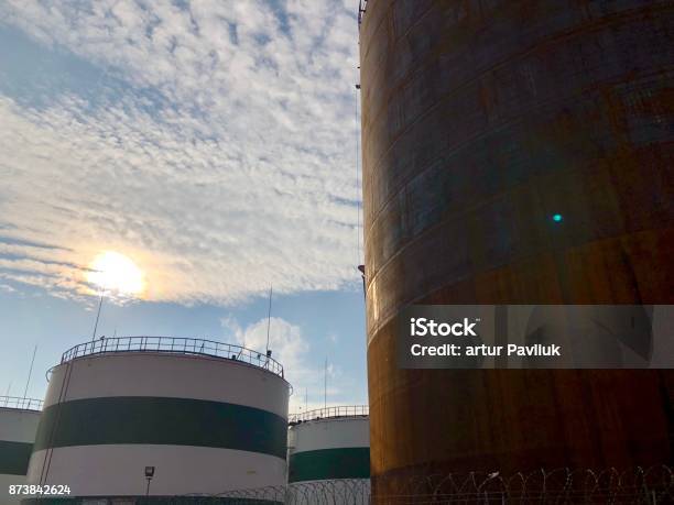 Large Cisterns For Grain Storage Industry Stock Photo - Download Image Now - Above, Factory, Horizontal