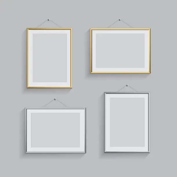 Vector illustration of Golden and silver picture or photo frames in different positions isolated on grey background. Vector frame set.
