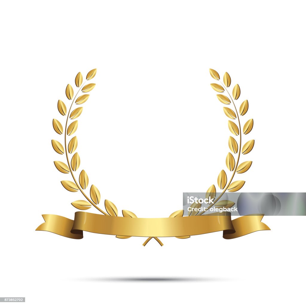 Corona de laurel dorado con cinta aislada sobre fondo blanco. Elemento de diseño vectorial. - arte vectorial de Premio libre de derechos