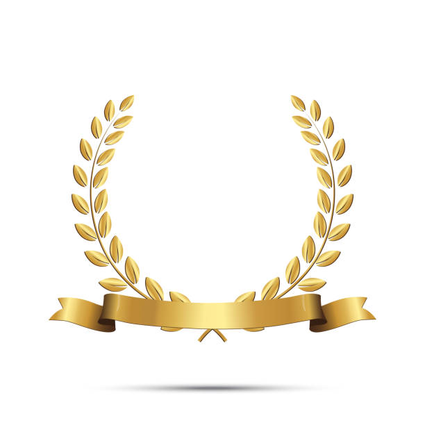 ilustrações de stock, clip art, desenhos animados e ícones de golden laurel wreath with ribbon isolated on white background. vector design element. - gold medal medal certificate ribbon