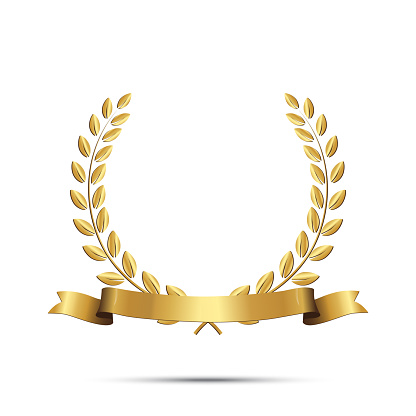 Golden laurel wreath with ribbon isolated on white background. Vector design element.