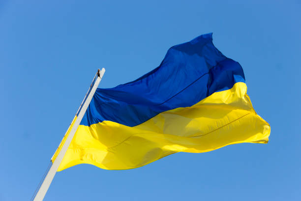 ukrainian national flag against the blue sky ukrainian national flag against the blue sky close up ukrainian flag stock pictures, royalty-free photos & images