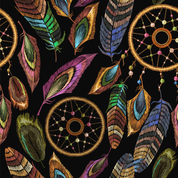 ilustrações de stock, clip art, desenhos animados e ícones de embroidery dreamcatcher boho seamless pattern. native american indian talisman dream catcher. fashionable template design clothes. magic tribal feathers pattern, t-shirt design. clothes ethnic style - native american north american tribal culture symbol dreamcatcher