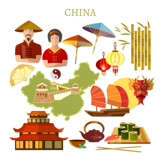 China collection. Chinese traditions and culture, map, people. Travel to China template elements vector art illustration