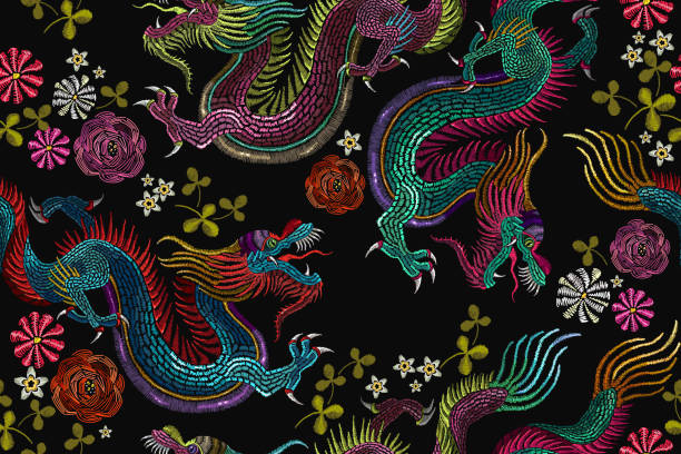 Embroidery vintage chinese dragons and flowers seamless pattern. Classical embroidery asian dragons and beautiful flowers seamless pattern. Art dragons t-shirt design. Clothes, textile art vector art illustration