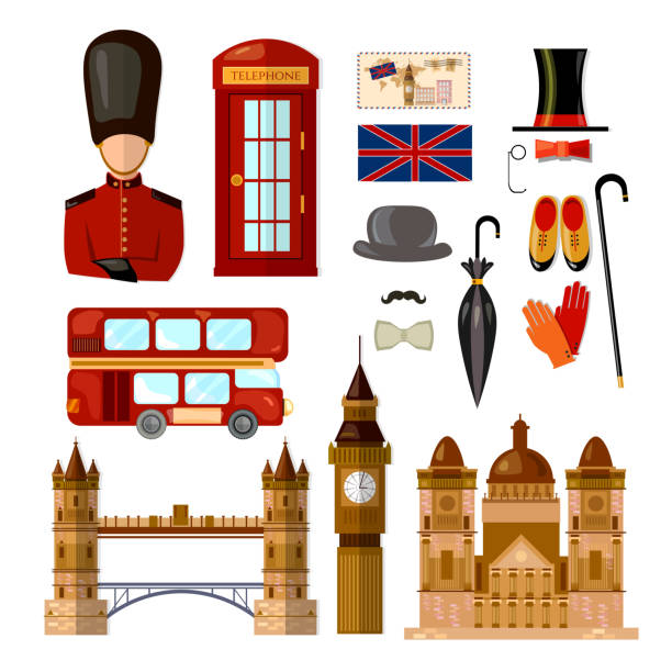 London England travel collection. Welcome to the UK United Kingdom elements. Travel to London set vector art illustration