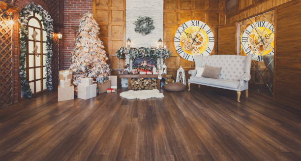 istock Cozy christmas interior with fir tree and fireplace 873861888