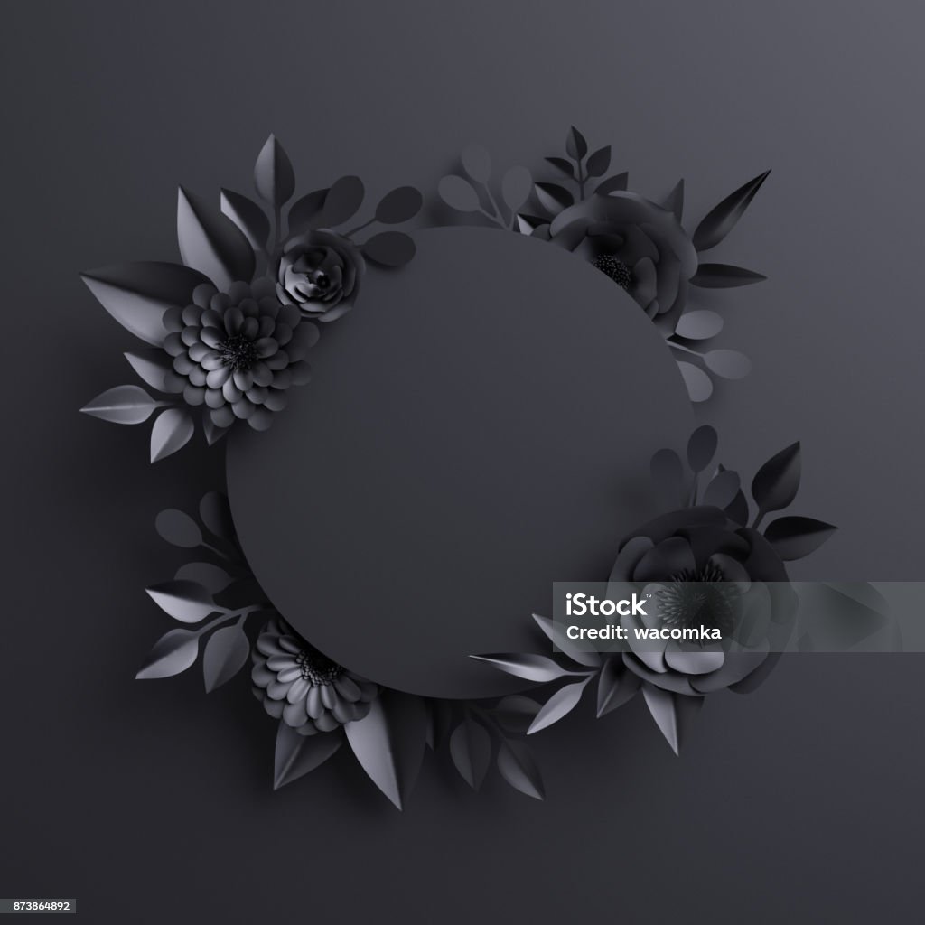 3d render, black paper flowers, botanical background, blank round banner, floral card, gothic frame Black Color Stock Photo