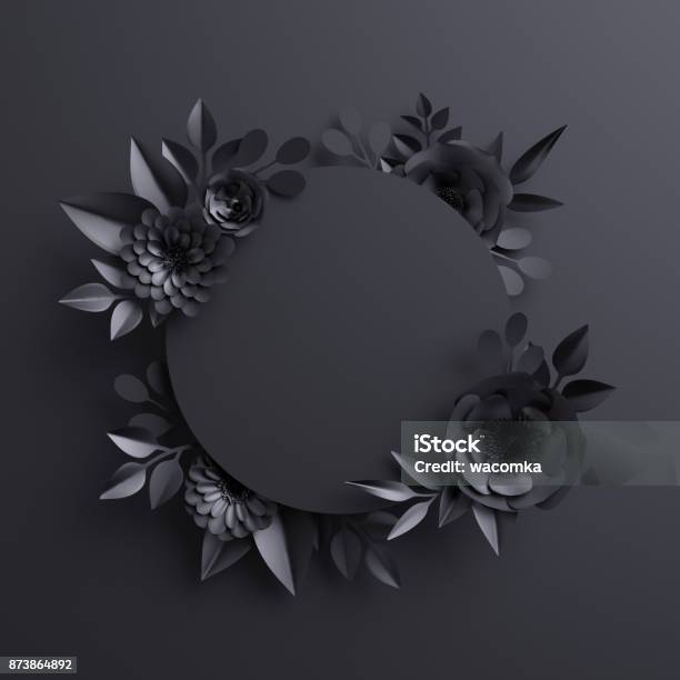 3d Render Black Paper Flowers Botanical Background Blank Round Banner Floral Card Gothic Frame Stock Photo - Download Image Now