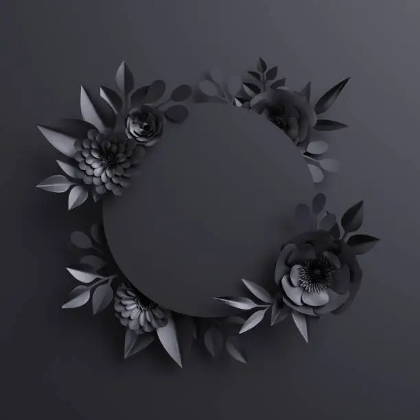 Photo of 3d render, black paper flowers, botanical background, blank round banner, floral card, gothic frame