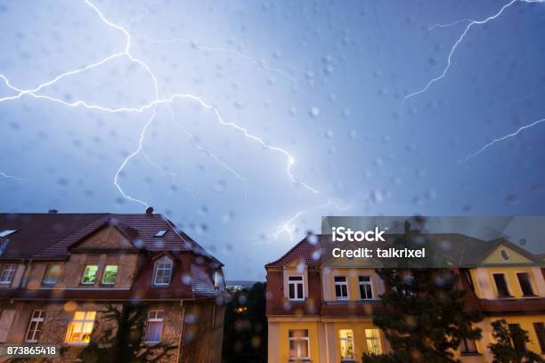 Thunderstorm In The City Weimar Germany Stock Photo - Download Image Now - House, Thunderstorm, Lightning