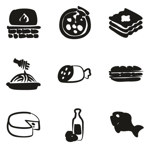 ilustrações de stock, clip art, desenhos animados e ícones de italian food icons freehand fill - pizza tuna prepared fish cheese
