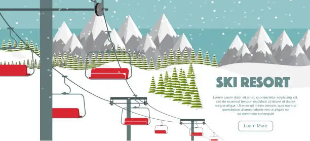 Vector illustration of Ski resort, mountaineering adventure flat vector illustration. Ski hills panoramic background, winter leisure activities. Swiss Alps, green fir trees, snow hills winter background.