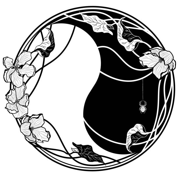 yin yang witn apple flowers vector illustration with yin yang simbol, apple flowers and spider spider on flower stock illustrations