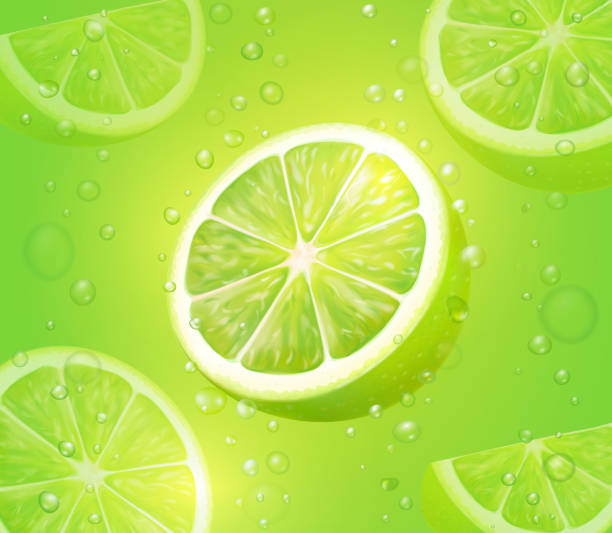 illustrations, cliparts, dessins animés et icônes de fond de chaux de jus vert. rafraîchissement des agrume avec bulles et gouttes. vecteur de mojito cocktail - lime fruit citrus fruit portion