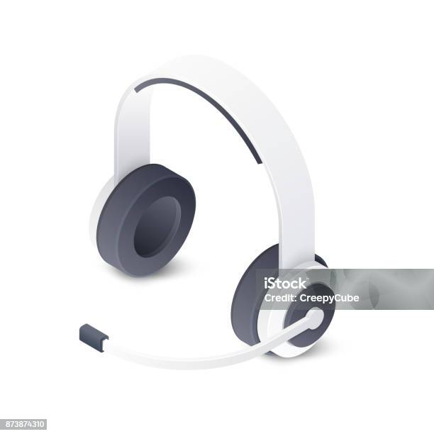 3d Wireless Stereo Headset Isolated On White Background Isometric Vector Illustration Stock Illustration - Download Image Now