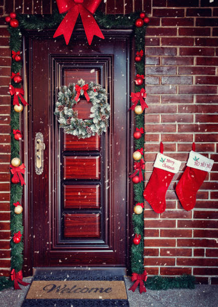 istock Decorative Wreath. Christmas front door 873874892