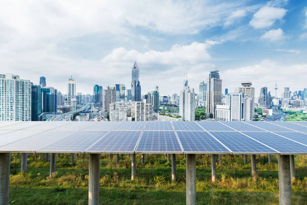istock Urban background solar panels, Shanghai, China. 873875414