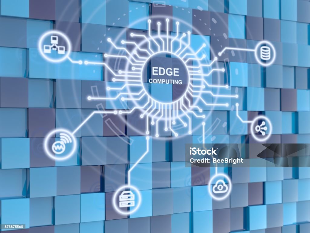 Edge computing circuit circle on blue cube background Edge computing circuit circle on blue cube background 3D illustration At The Edge Of Stock Photo