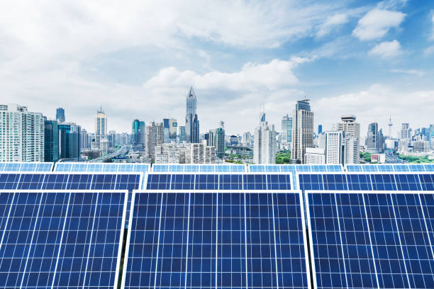 istock Urban background solar panels, Shanghai, China. 873875664