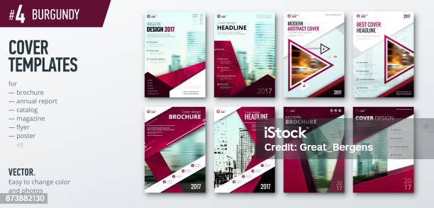 Set Of Business Cover Design Template For Brochure Report Catalog Magazine Or Booklet Creative Burgundy Vector Background Concept Stock Illustration - Download Image Now