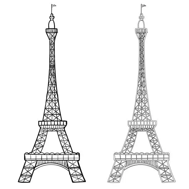 Vector illustration of Illustration of Eiffel Tower in two styles-Vector Hand drawn