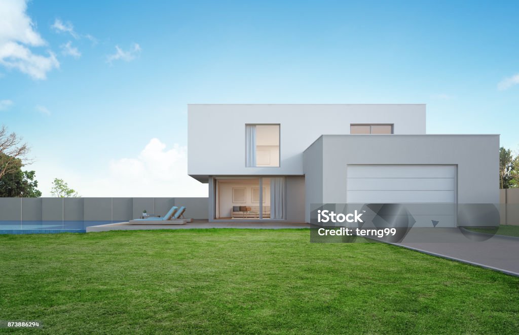 Luxury house with swimming pool and terrace near lawn in modern design, Empty front yard at vacation home or holiday villa for big family 3d rendering of building and swimming pool House Stock Photo