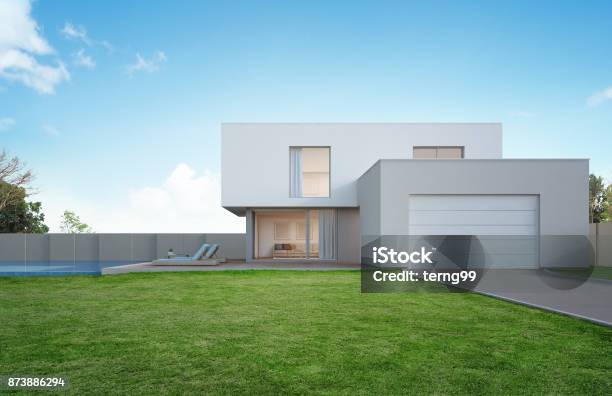 Luxury House With Swimming Pool And Terrace Near Lawn In Modern Design Empty Front Yard At Vacation Home Or Holiday Villa For Big Family Stock Photo - Download Image Now