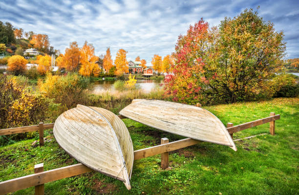 Two inverted boats in the autumn landscape of Plyos