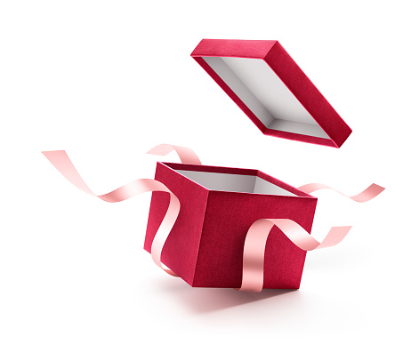 Red open gift box with ribbon isolated on white background