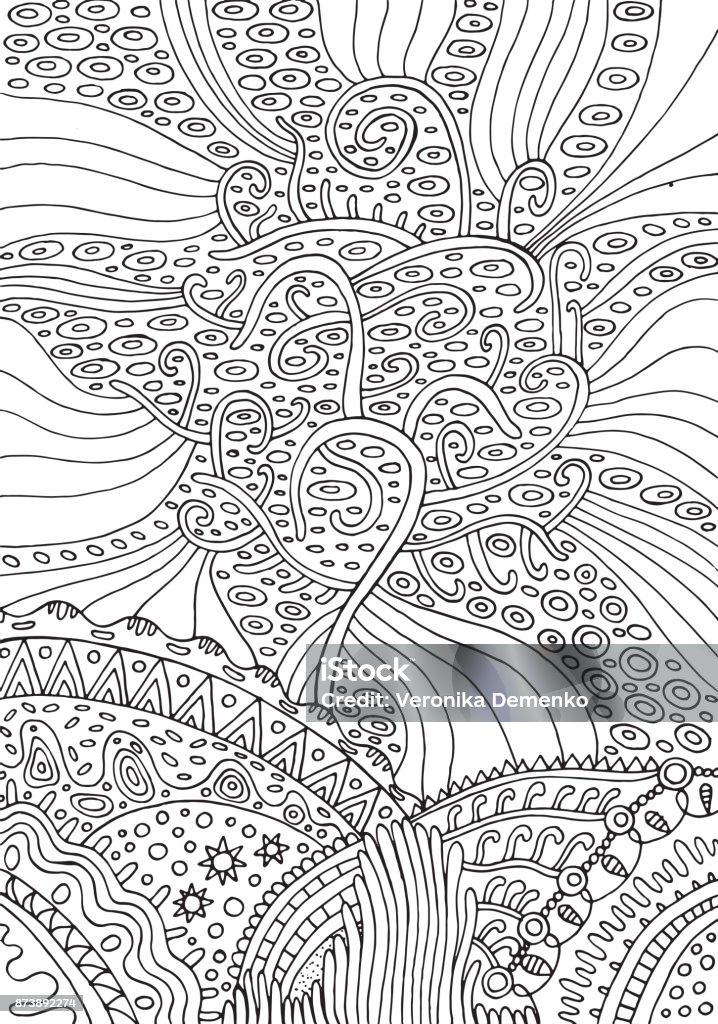 Rainbow tree of life. Surreal fantasy psuchedelic coloring page for adults. Vector illustration. Coloring Book Page - Illlustration Technique stock vector