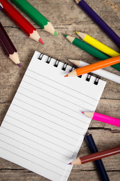 istock Flat lay, Notepad with copyspace and colorful pens on wooden table 873894444