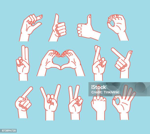 Gesture Set Stulized Hands Showing Different Signs Vector Icons Stock Illustration - Download Image Now