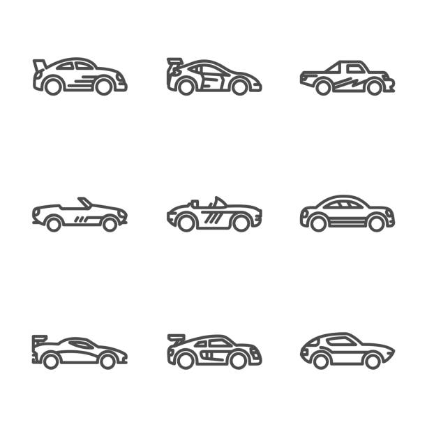 Linear Car Icon Linear car icon with outline and different kind of car ford truck black stock illustrations