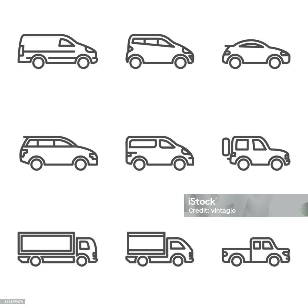 Linear Car Icon Linear car icon with outline and different kind of car Van - Vehicle stock vector