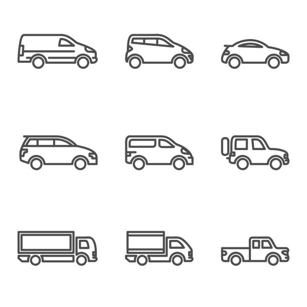 Linear Car Icon Linear car icon with outline and different kind of car ford truck black stock illustrations